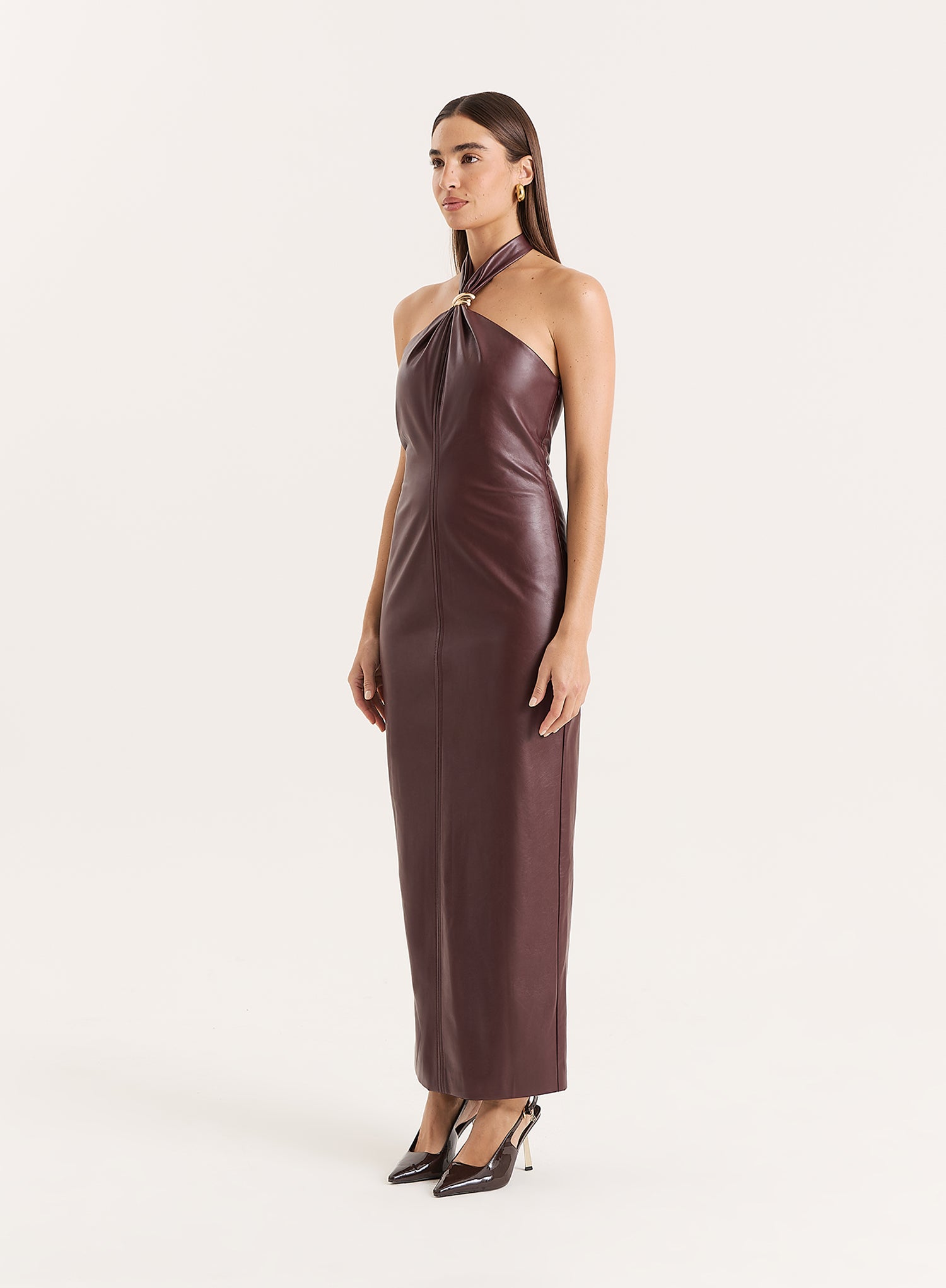 Burgundy Faux Leather Halterneck Maxi Dress- Rhea